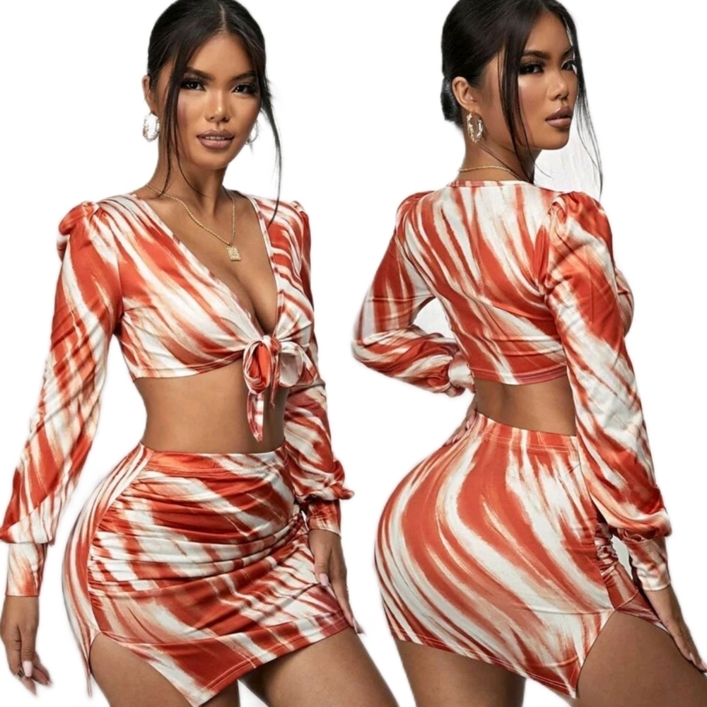 NWT TIE DYE KNOT FRONT CROP TOP & SPLIT HEM MINI SKIRT SET